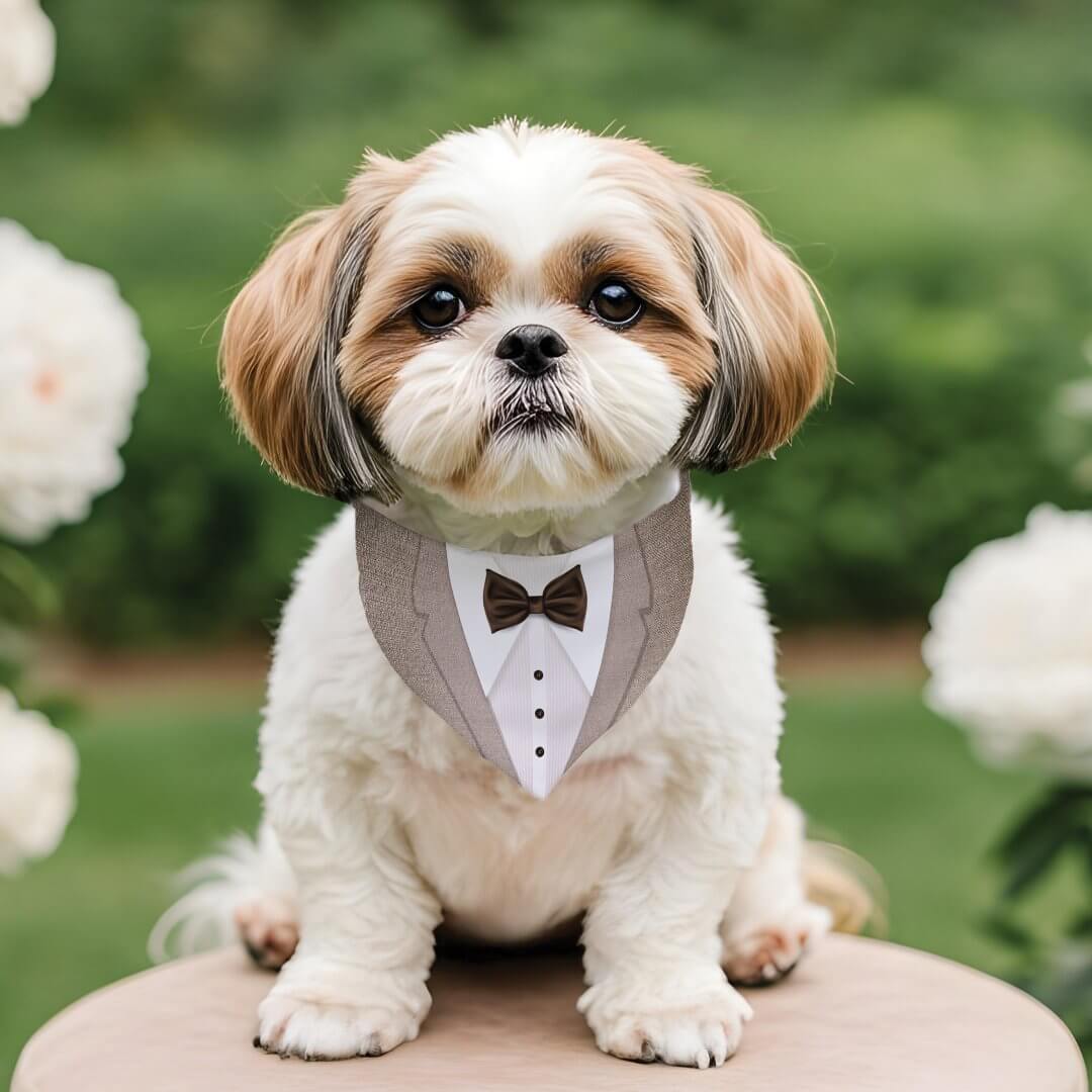 Cute Formal Beige White Tuxedo Bowtie Pet Wedding Pet Bandana Collar
