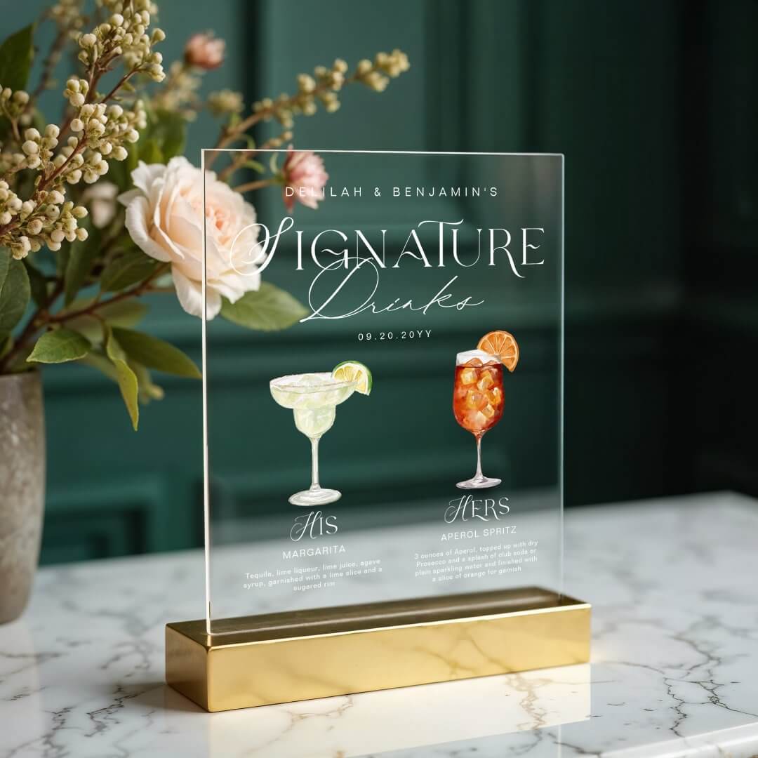 Elegant Watercolor His Her Signature Drink Wedding Acrylic Sign