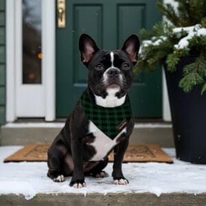 Green Plaid Pattern Faux Leather Pet Name Tag Pet Bandana Collar