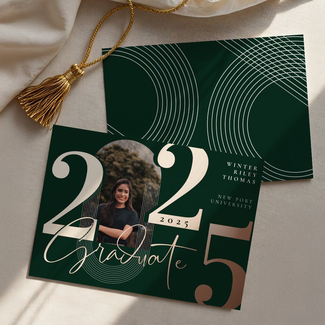 Modern Graduate Script 2025 Concentric Arch Photo Foil Green Invitation