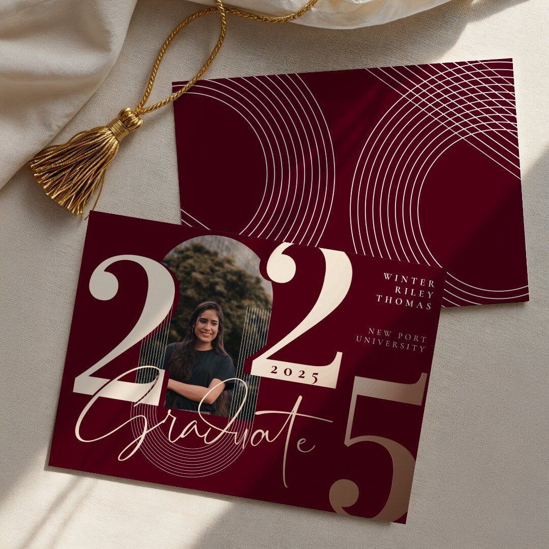 Modern Graduate Script 2025 Concentric Arch Photo Foil Burgundy Invitation