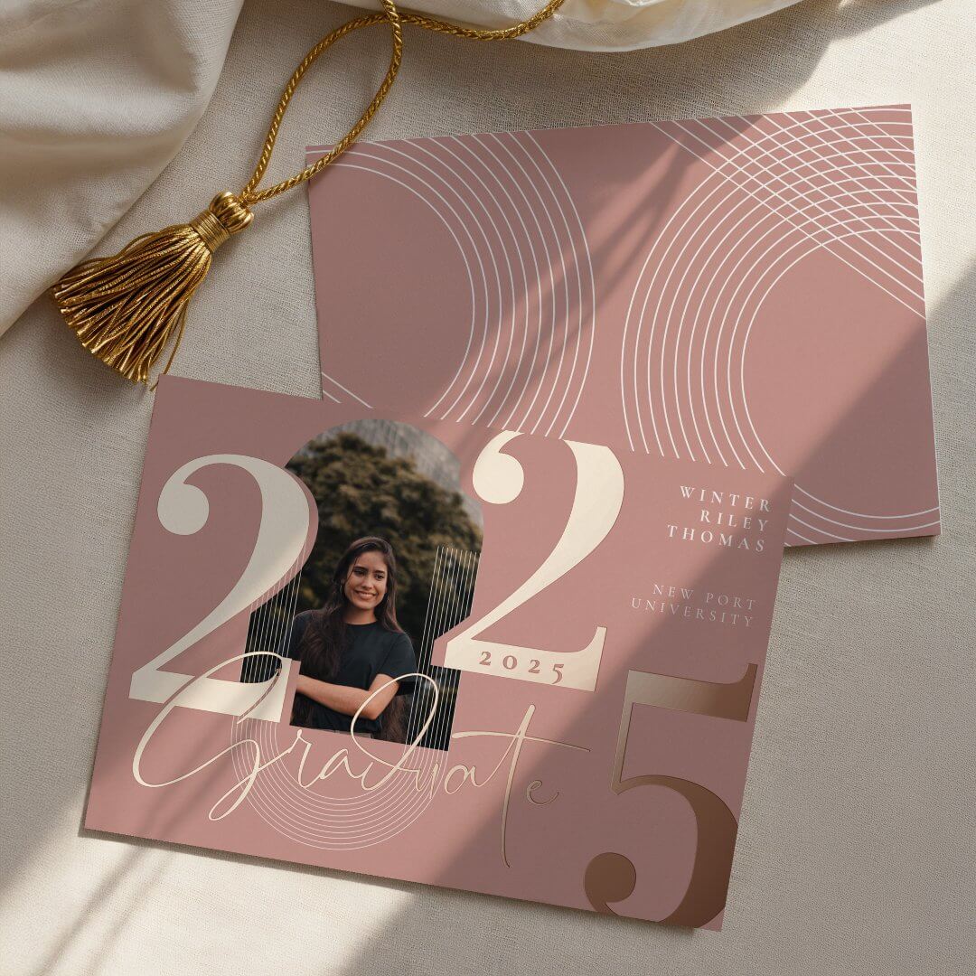 Modern Graduate Script 2025 Concentric Arch Photo Foil Pink Invitation