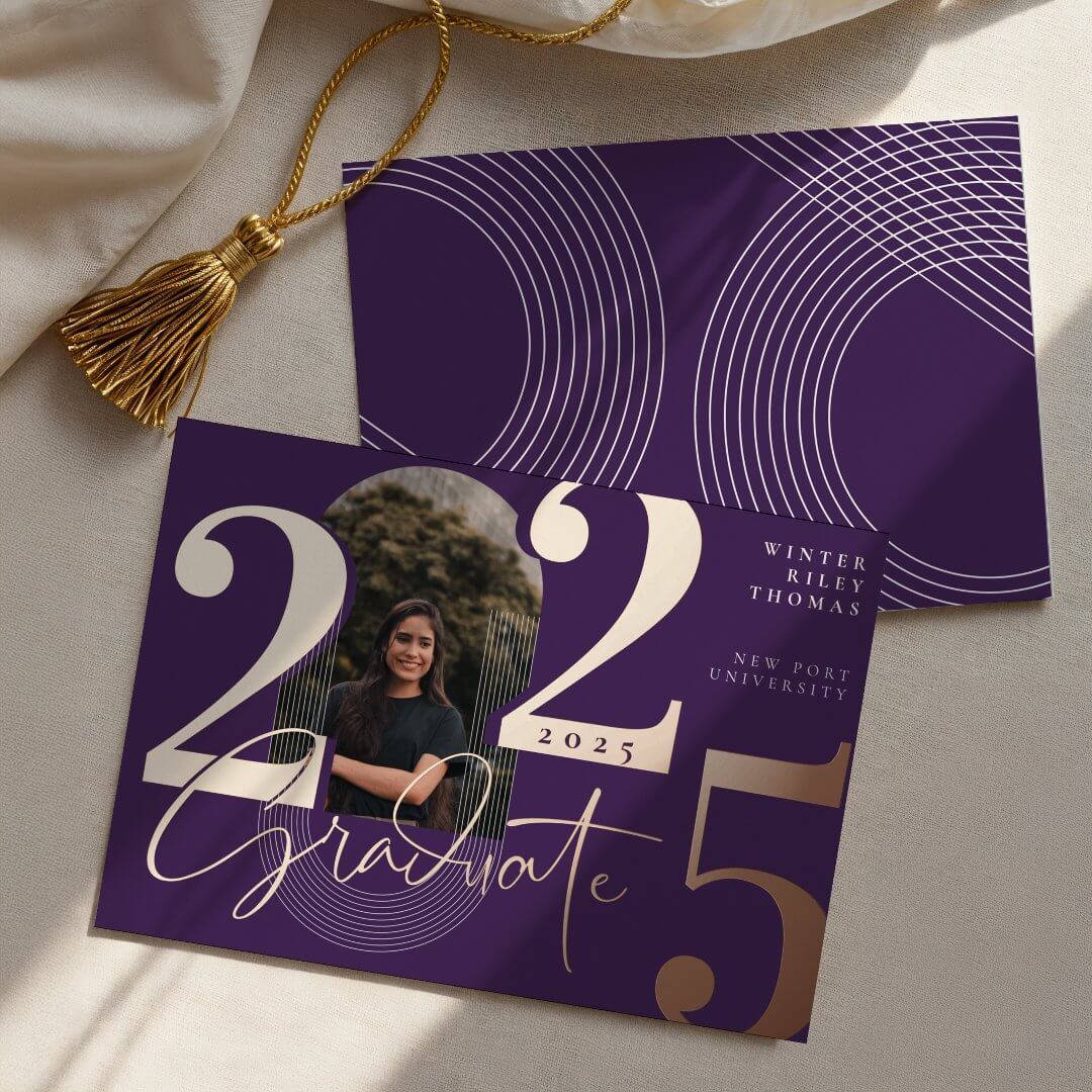 Modern Graduate Script 2025 Concentric Arch Photo Foil Purple Invitation