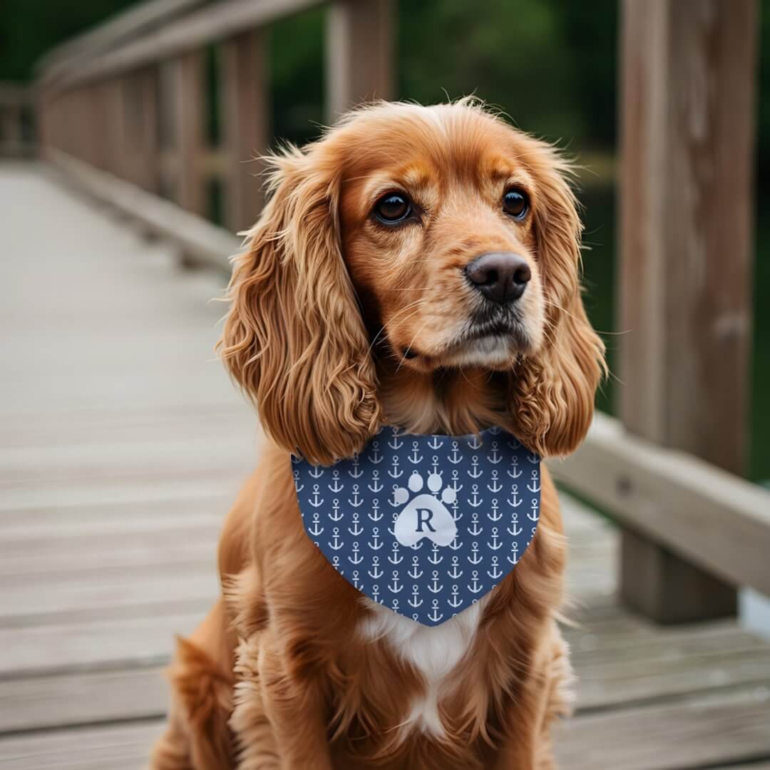 Nautical Anchor Blue White Pet Paw Print Monogram Pet Bandana Collar