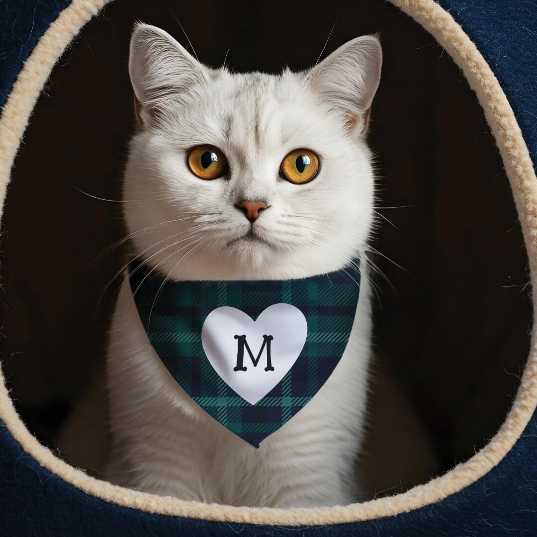 Personalized Navy & Green Plaid Heart Monogram Pet Bandana Collar