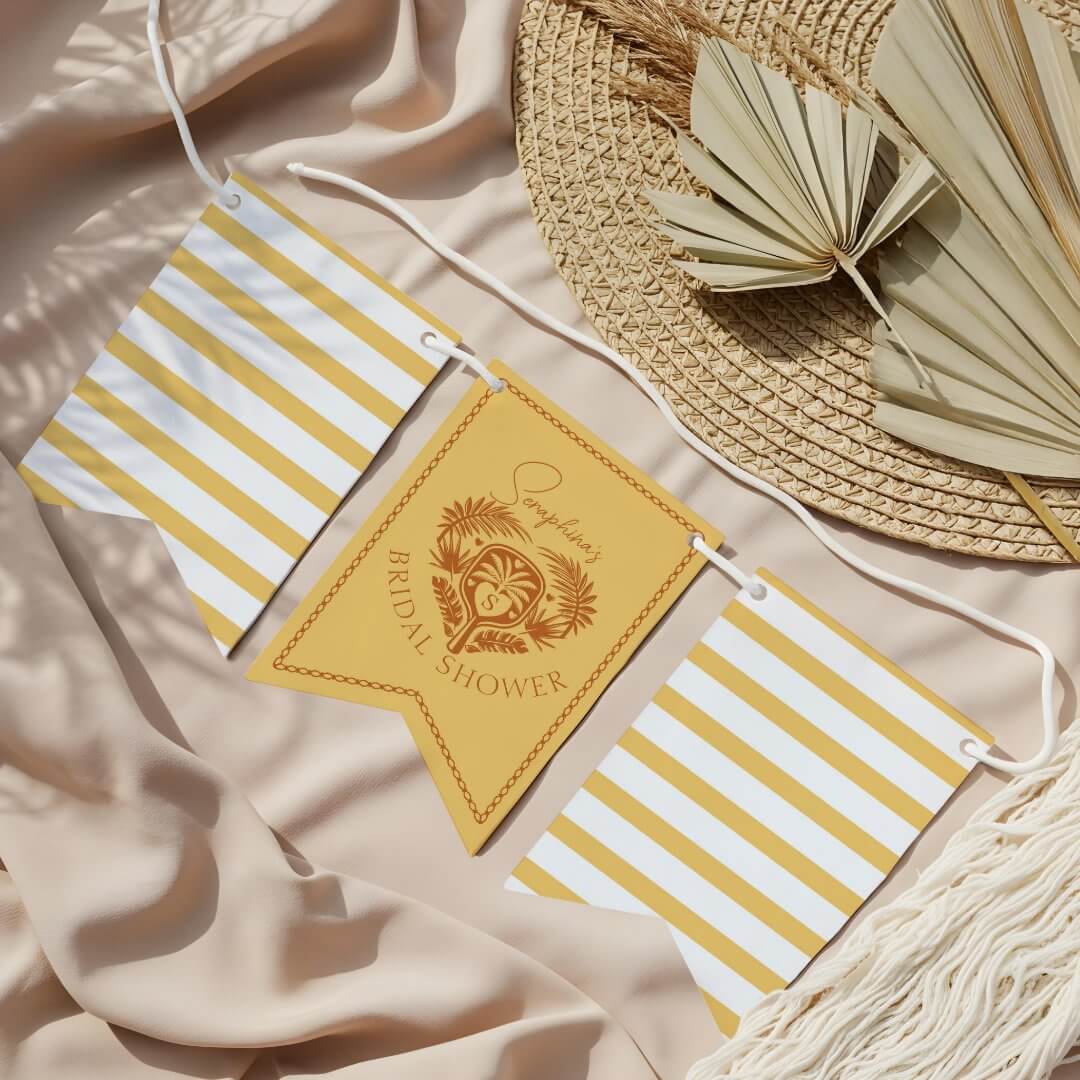 Retro Tropical Palm Tree Pickleball Bridal Shower Yellow Bunting Flags