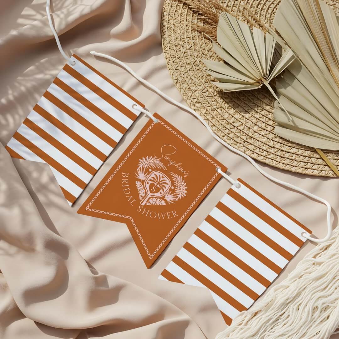 Retro Tropical Palm Tree Pickleball Bridal Shower Orange Bunting Flags