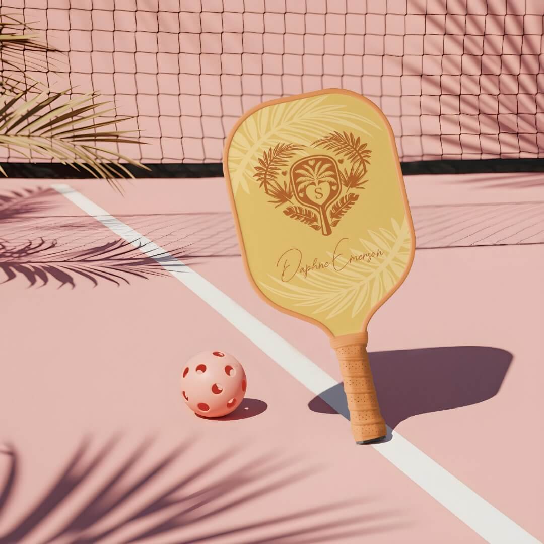 Retro Tropical Palm Tree Pickleball Bridal Shower Carbon Fiber Yellow Pickleball Paddle