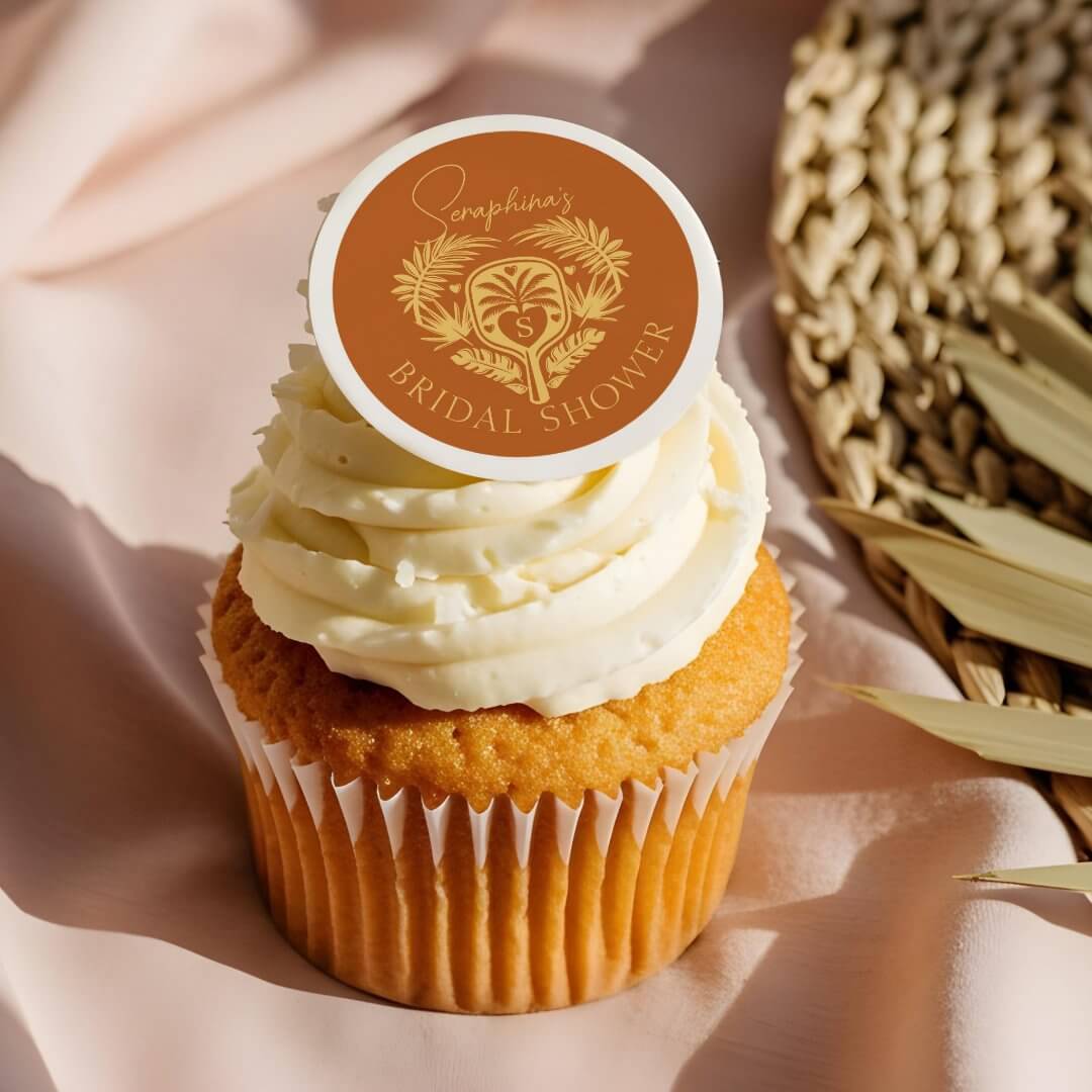 Retro Tropical Palm Tree Pickleball Bridal Shower Edible Orange Frosting Rounds