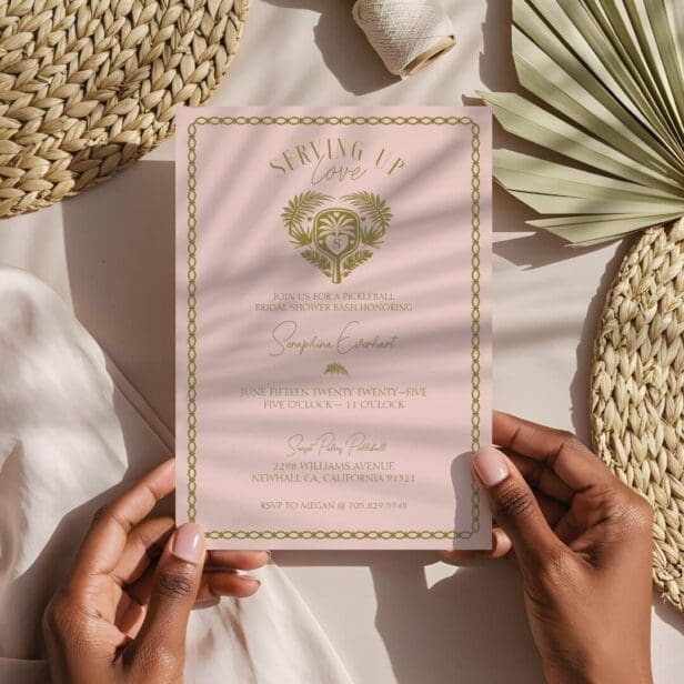 Retro Tropical Palm Tree Pickleball Bridal Shower Pink Invitation