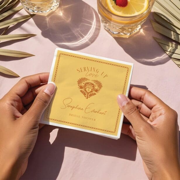 Retro Tropical Palm Tree Pickleball Bridal Shower Yellow Napkin