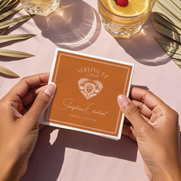 Retro Tropical Palm Tree Pickleball Bridal Shower Orange Napkin