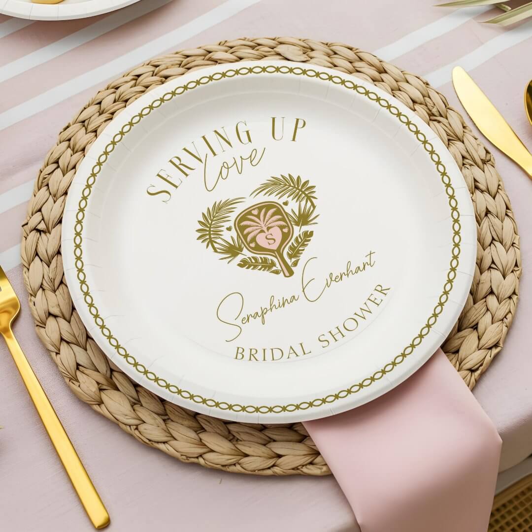 Retro Tropical Palm Tree Pickleball Bridal Shower Paper Plates
