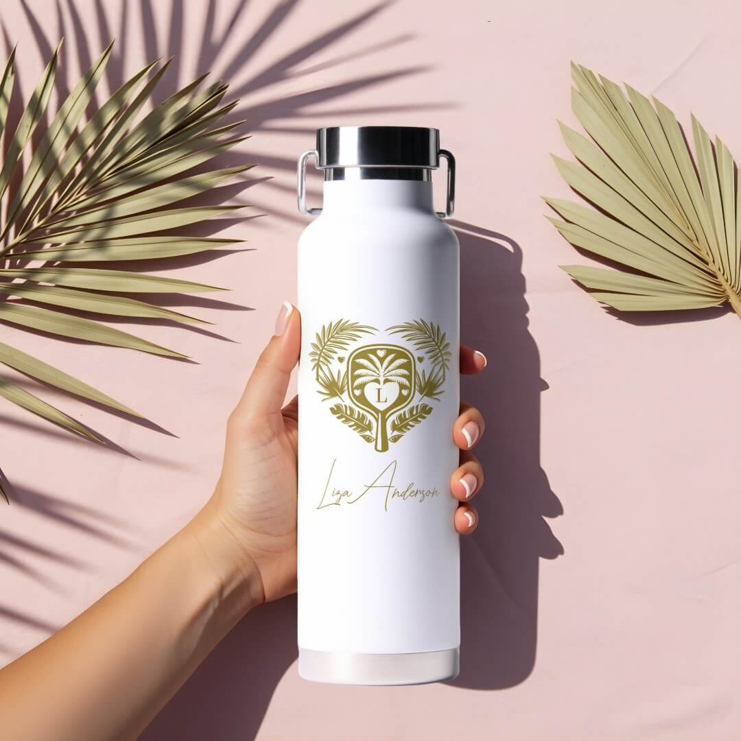Retro Tropical Palm Tree Pickleball Bridal Shower Water Bottle