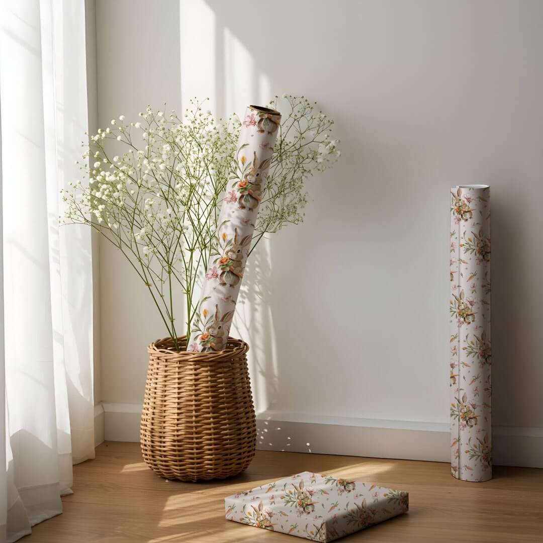 Watercolor Easter Rabbit, Carrots & Floral Design Wrapping Paper