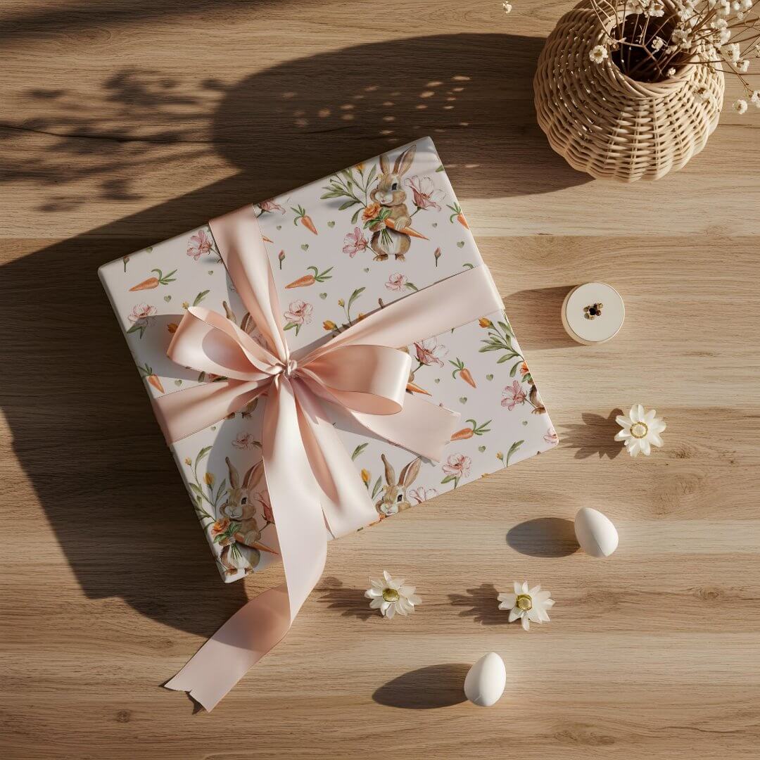 Watercolor Easter Rabbit, Carrots & Floral Design Wrapping Paper