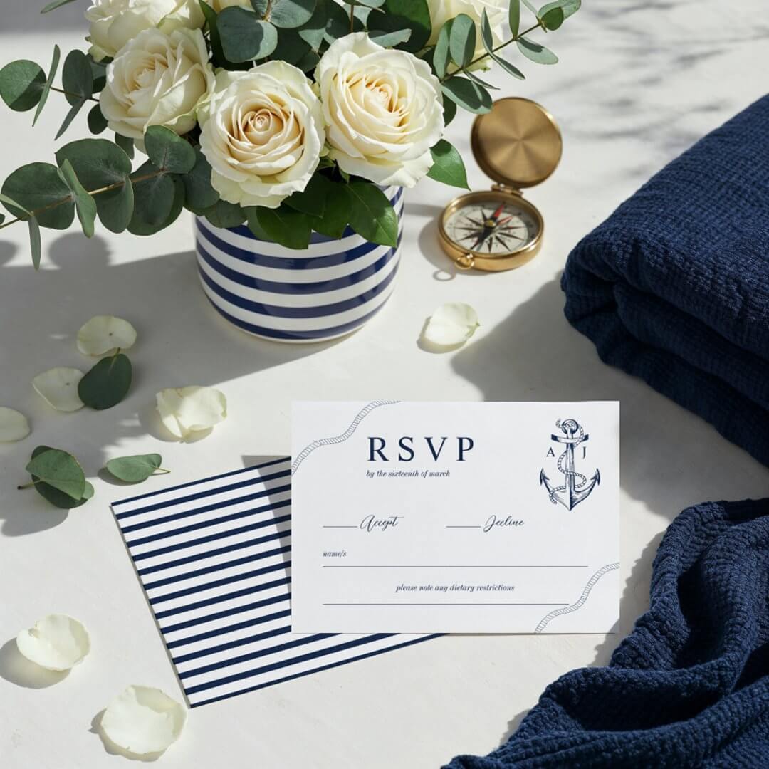 Anchor & Rope Nautical Monogram Navy & White RSVP Card