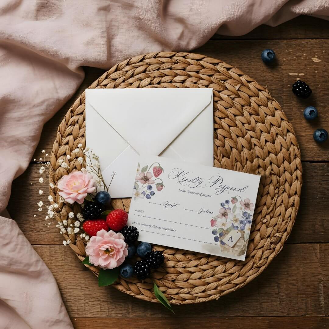 Berry Sweet Floral & Berry Basket Baby Shower RSVP Card