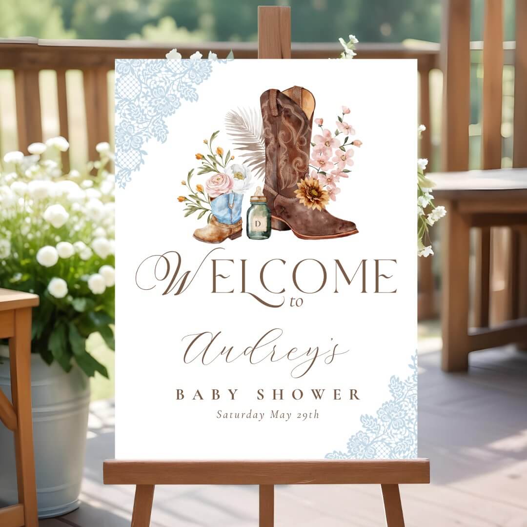 Boho Floral Western Blue Cowboy Boot Welcome Foam Board