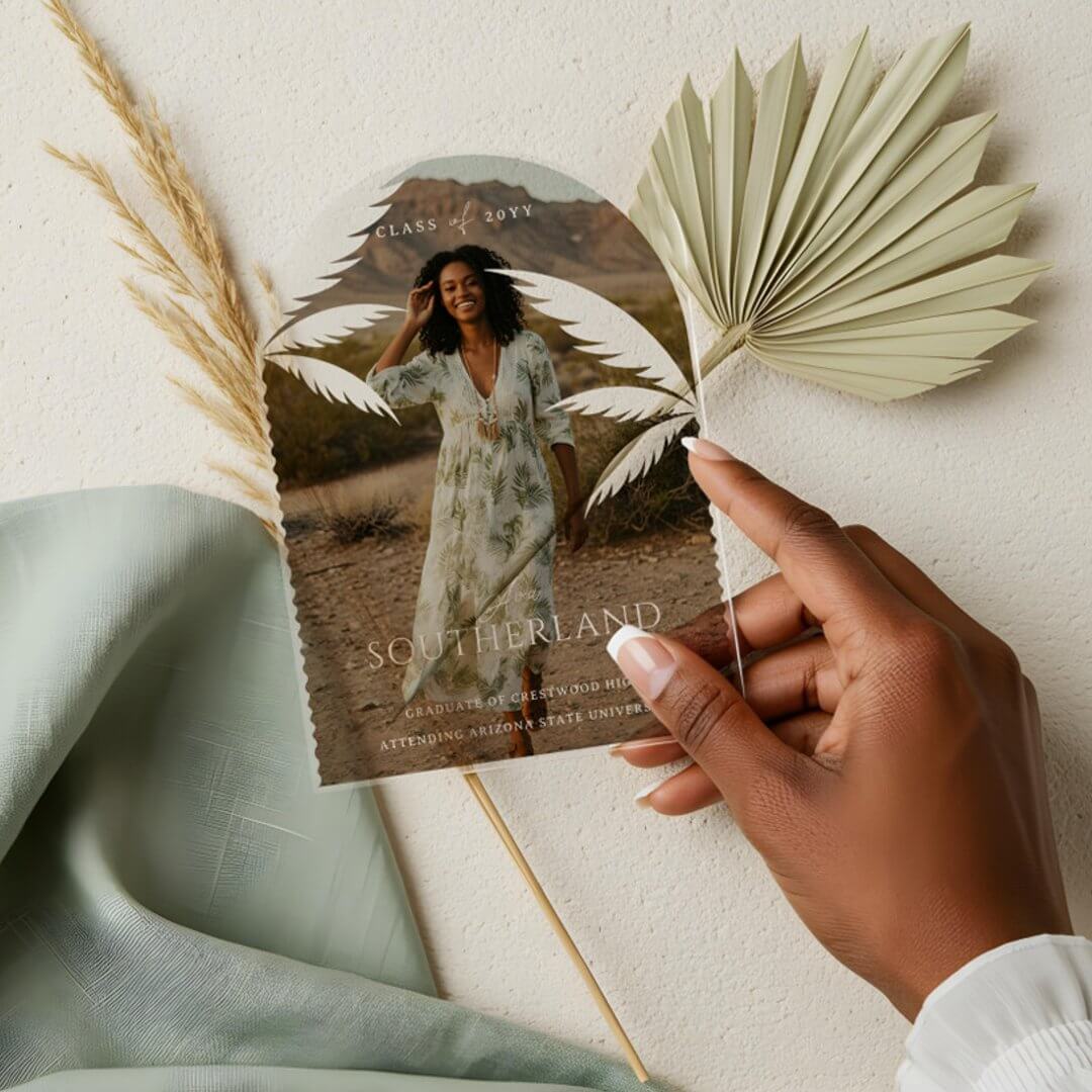 Boho Retro Tropical Palm Tree Graduation Photo Acrylic Invitations