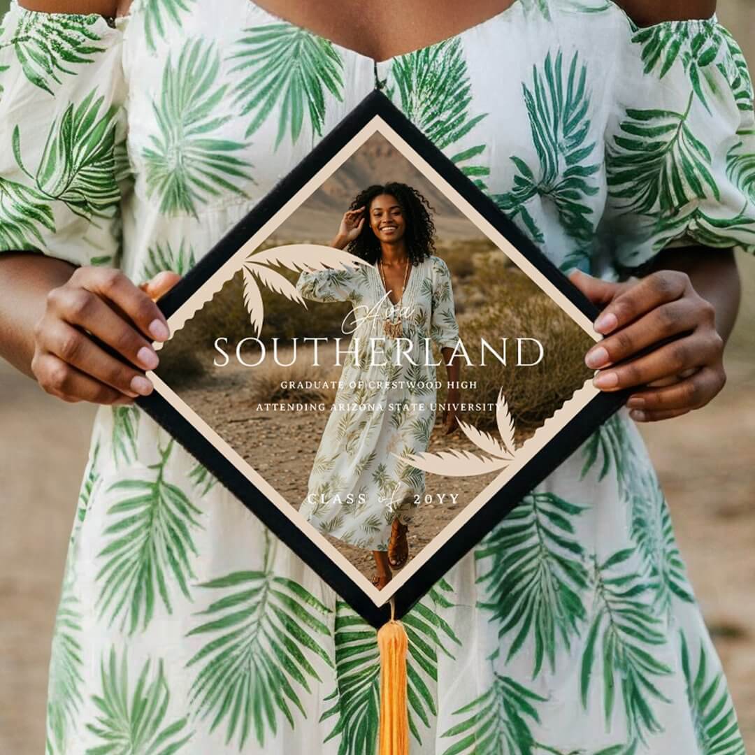 Boho Retro Tropical Palm Tree Graduation Photo Graduation Cap Topper