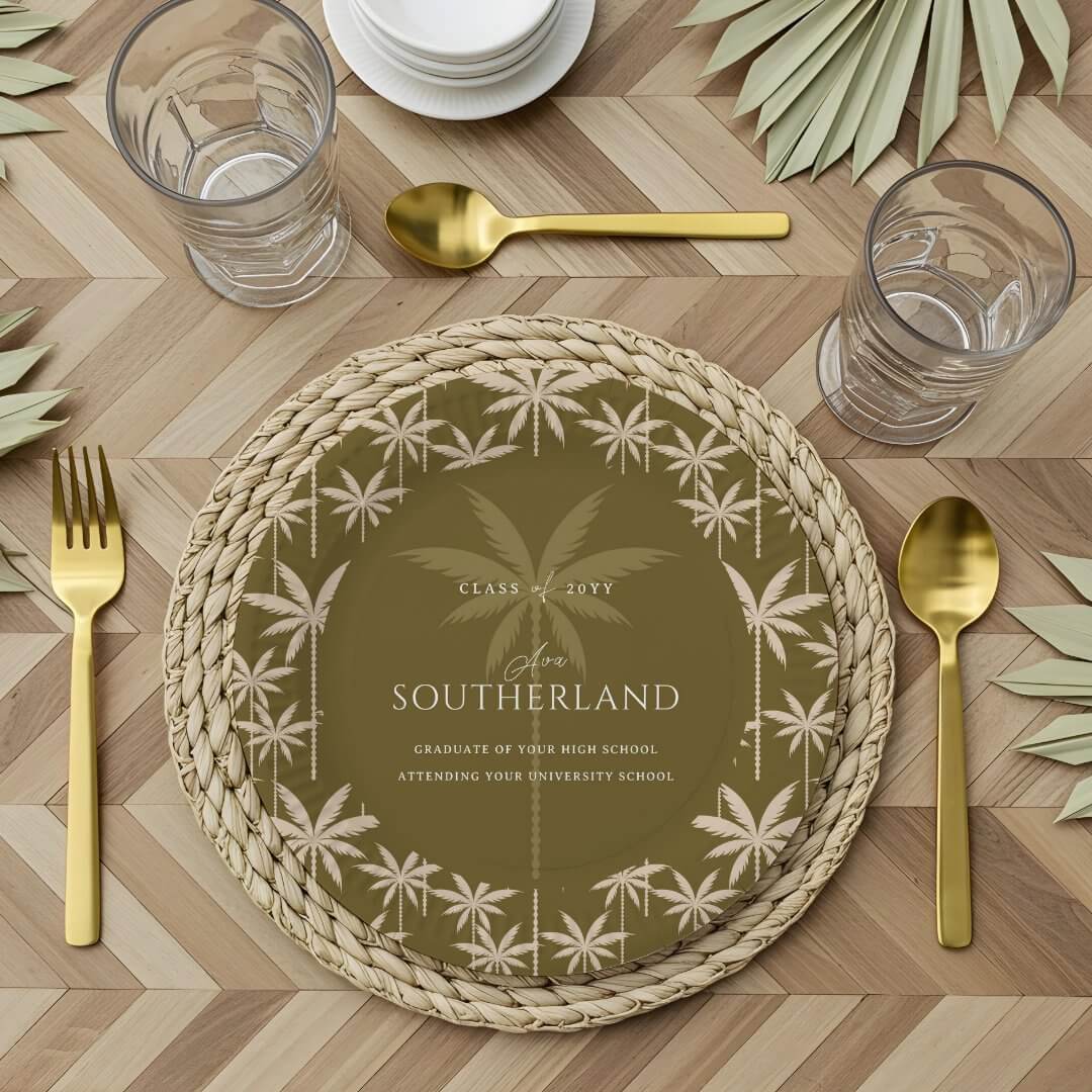 Boho Retro Tropical Palm Tree Pattern Graduation Paper Plates