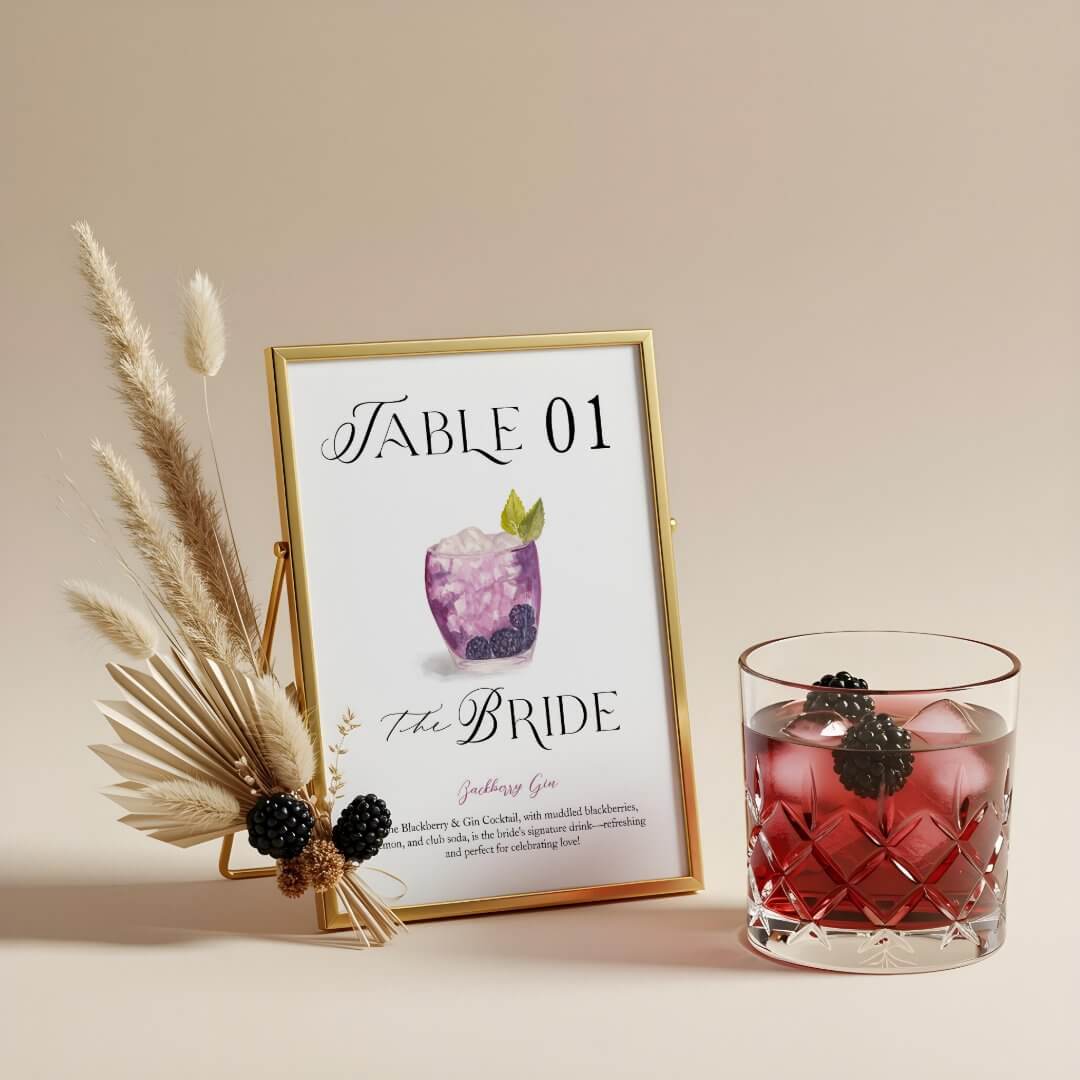 Bride Signature Cocktail Watercolor Wedding Drink Table Number