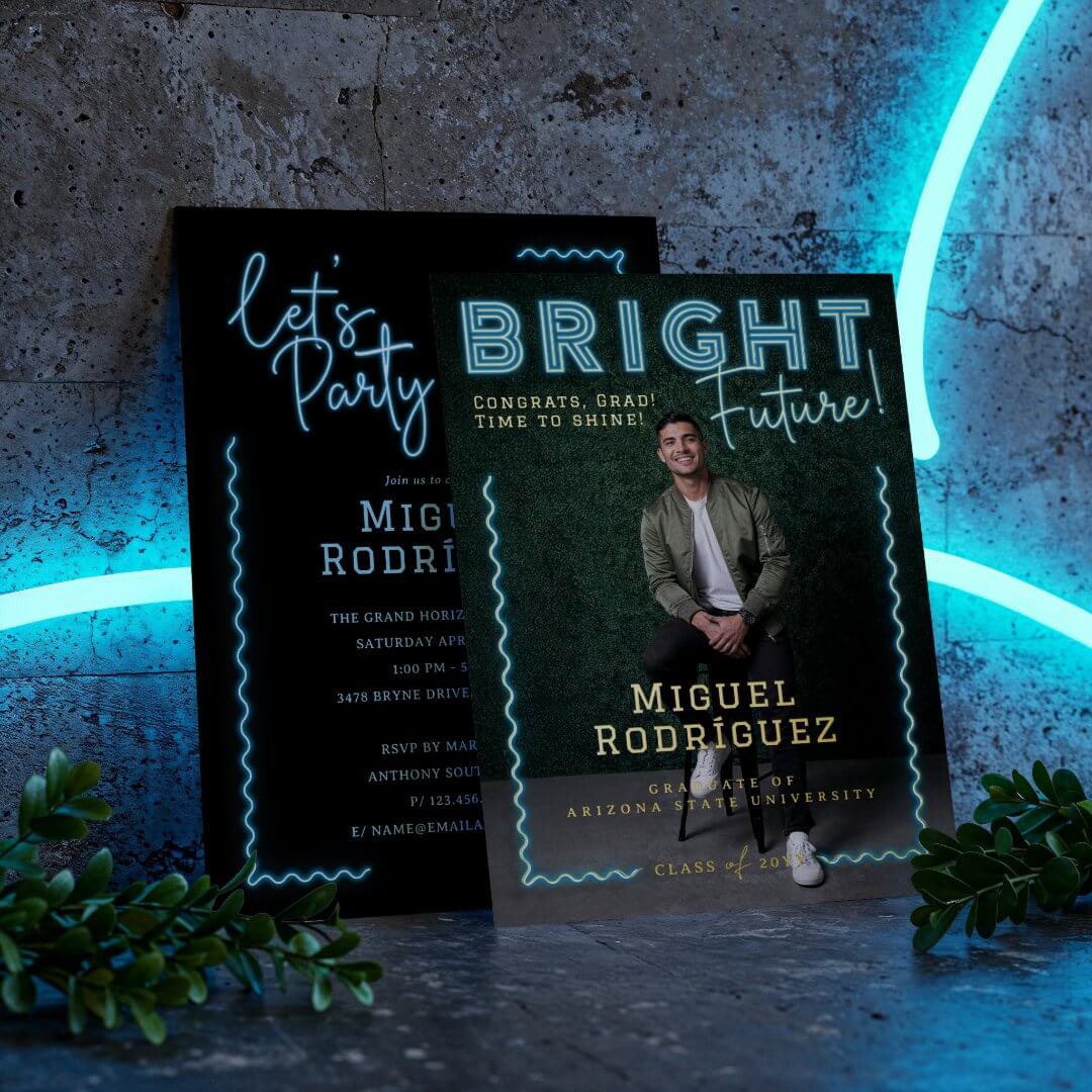Bright Future Blue Neon Grad Photo Graduation Foil Invitation