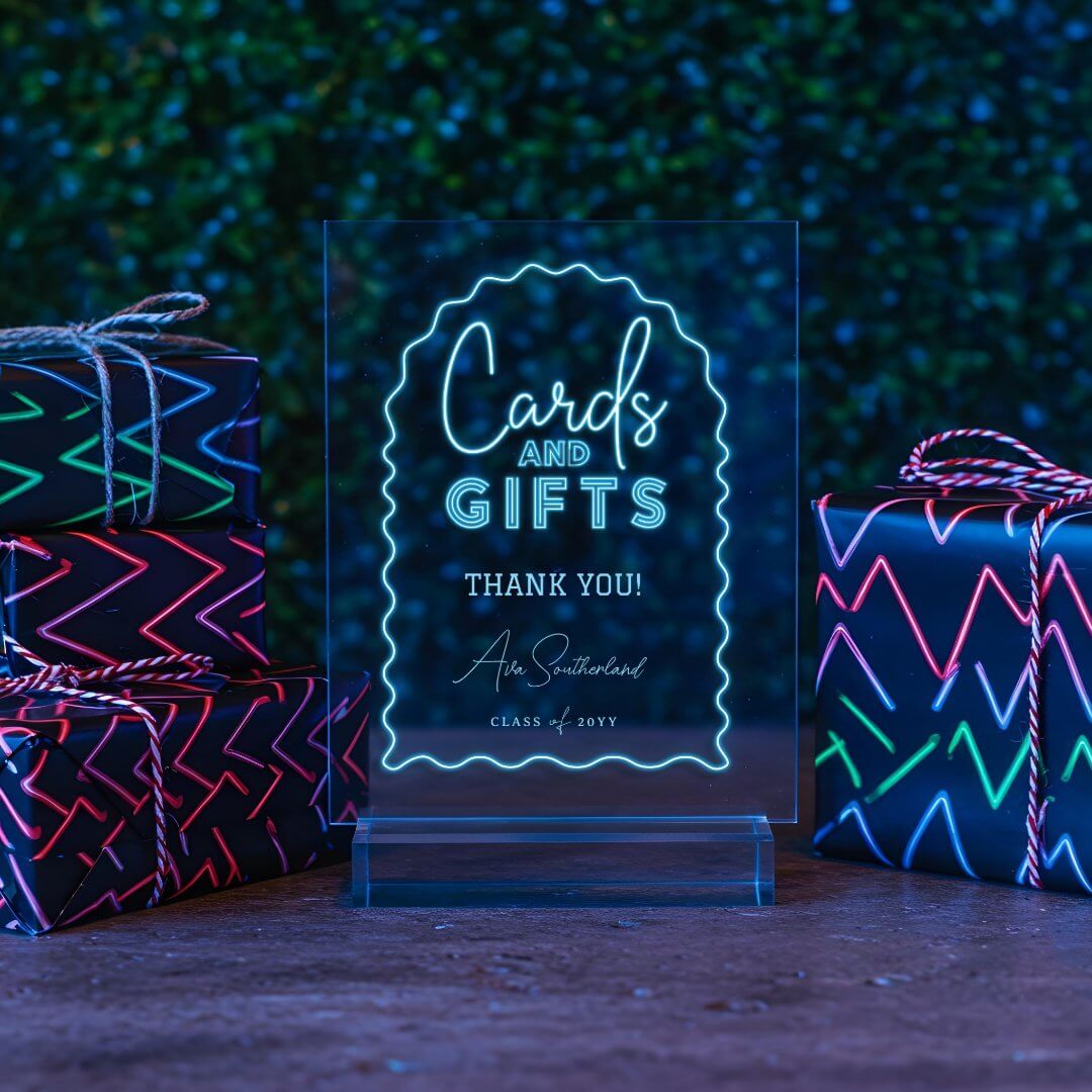 Cards & Gifts Wavy Blue Neon Graduation Party Acrylic Sign