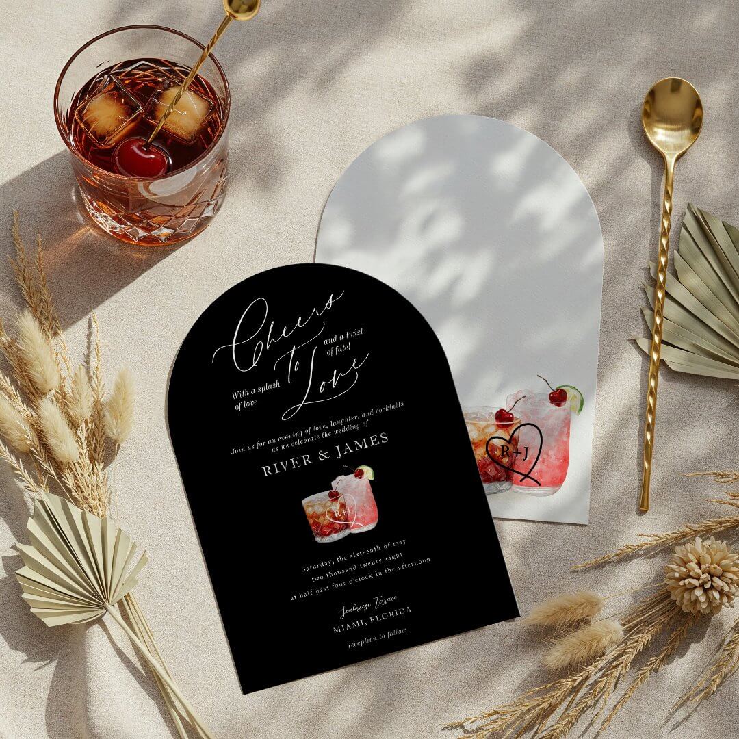 Cheers to Love Watercolor Couples Cocktail Wedding Black Invitation