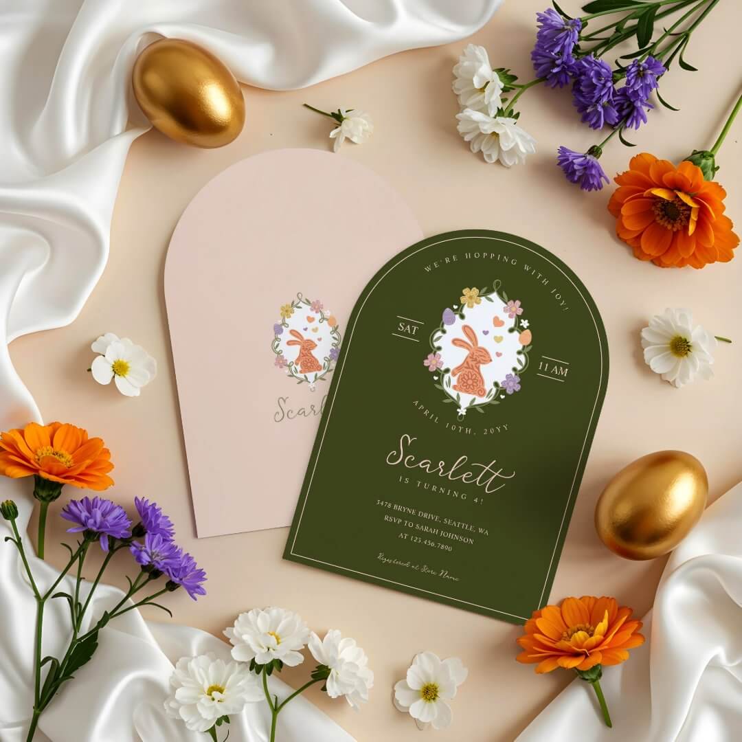 Elegant Easter Bunny Crest Spring Floral Birthday Green Invitation