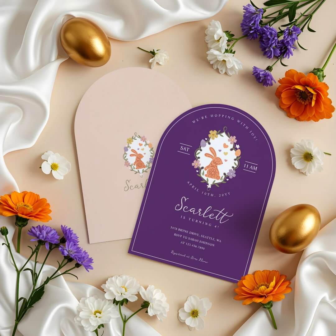 Elegant Easter Bunny Crest Spring Floral Birthday Purple Invitation