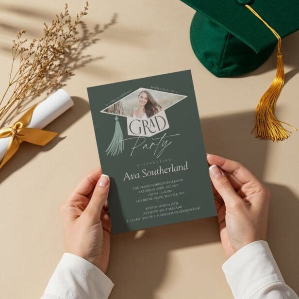 Elegant Grad Cap & Tassel Photo Graduation Party Green Invitation