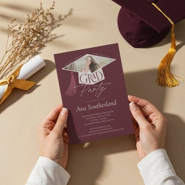 Elegant Grad Cap & Tassel Photo Graduation Party Burgundy Invitation