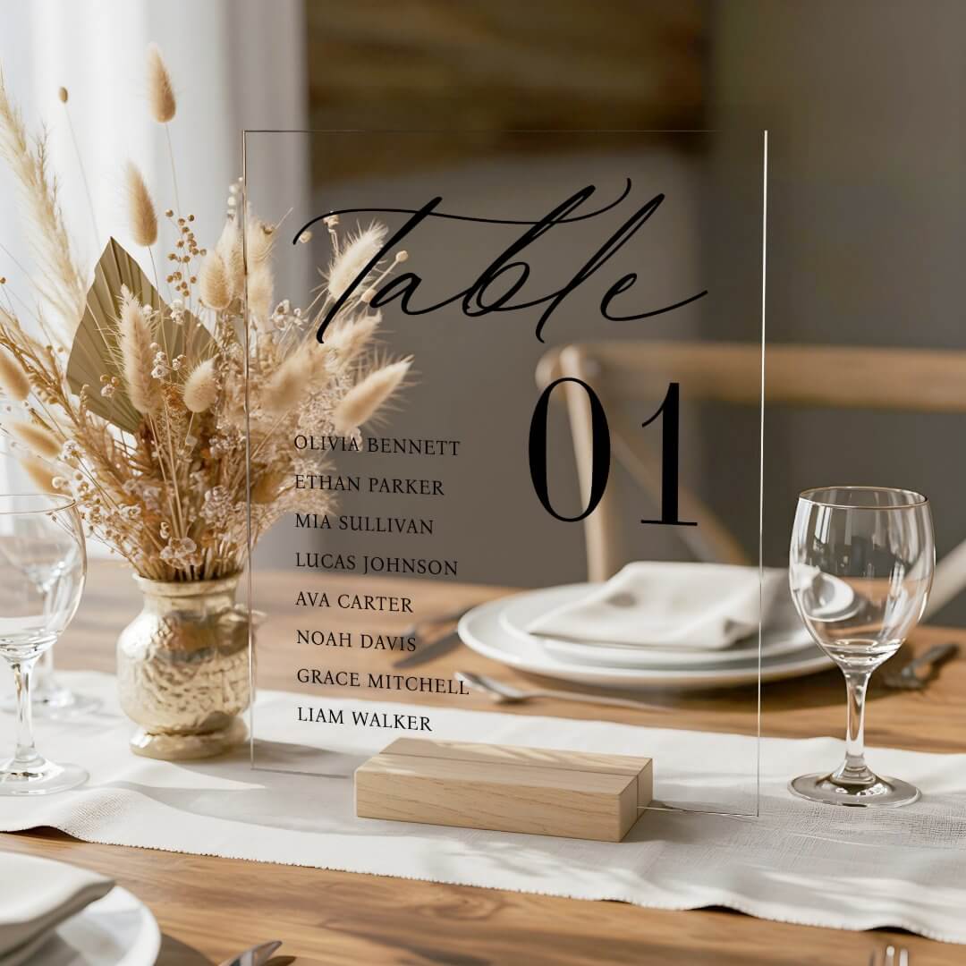 Elegant Minimal Guest Names Seating Table Number Acrylic Sign