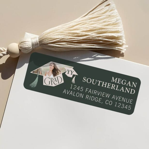 Elegant Modern Grad Cap & Tassel Graduation Photo Green Label