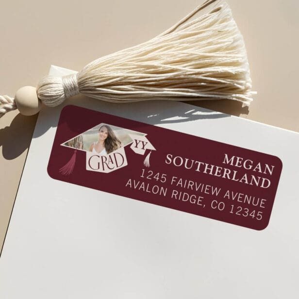 Elegant Modern Grad Cap & Tassel Graduation Photo Burgundy Label