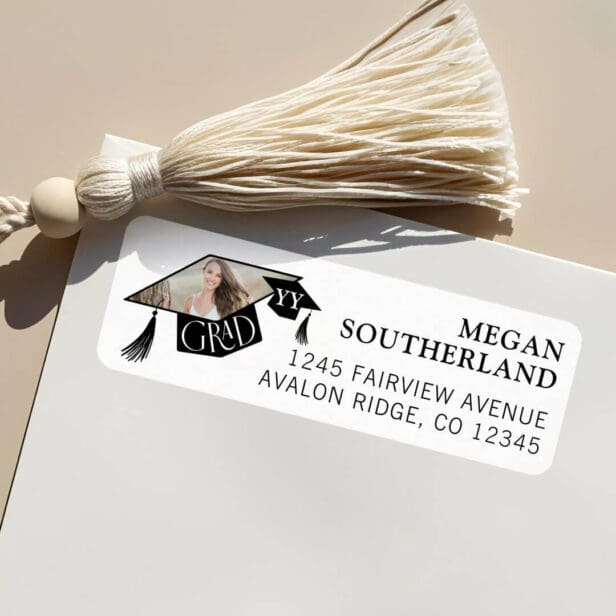 Elegant Modern Grad Cap & Tassel Graduation Photo White Label