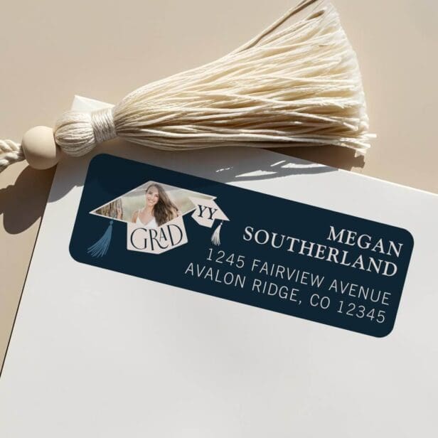 Elegant Modern Grad Cap & Tassel Graduation Photo Navy Label
