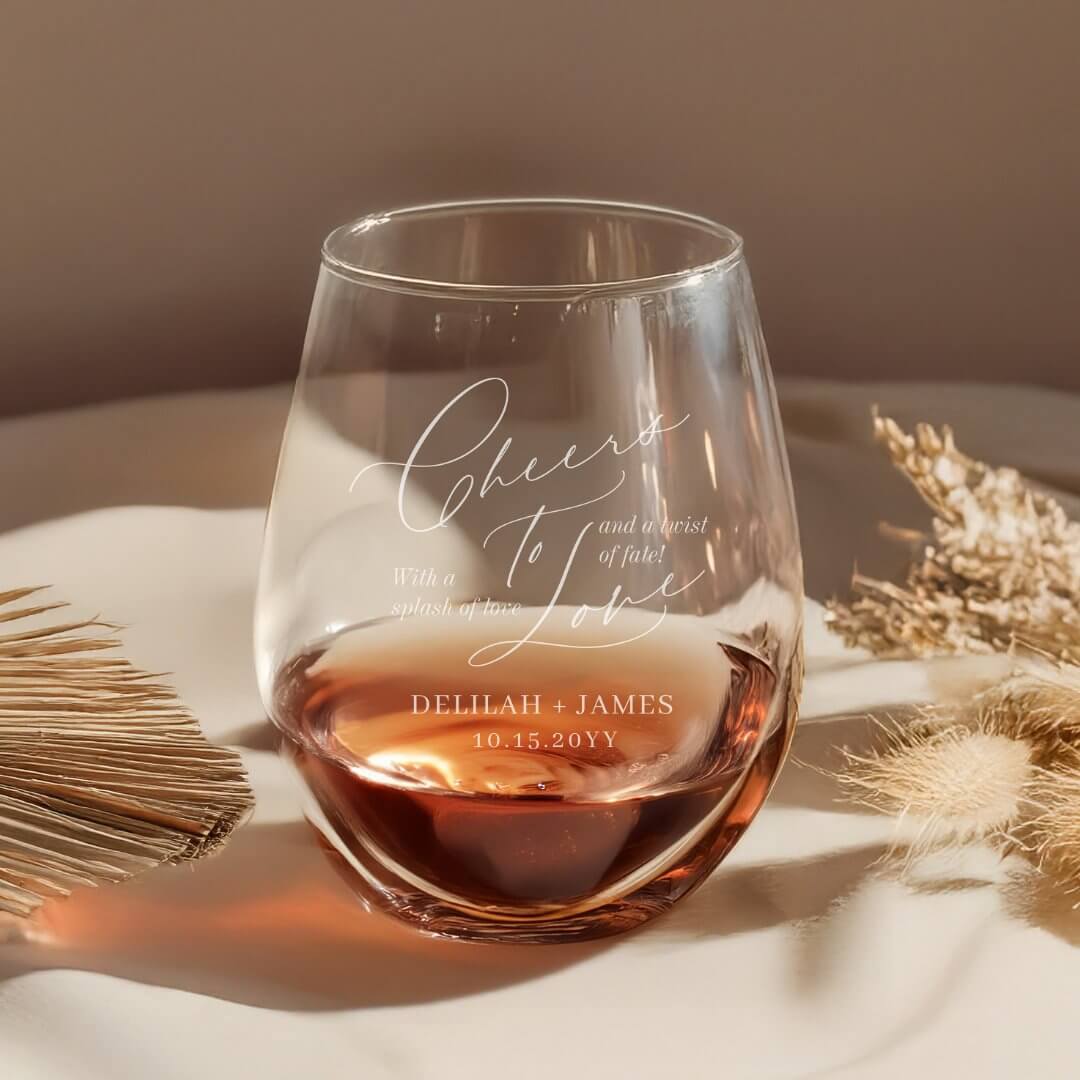 Elegant Script Cheers to Love Couples Wedding Stemless Wine Glass