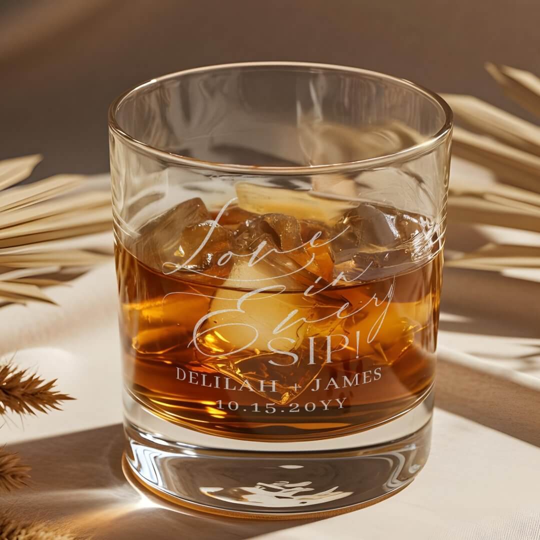 Elegant Script Love in Every Sip Couples Wedding Rocks Glass