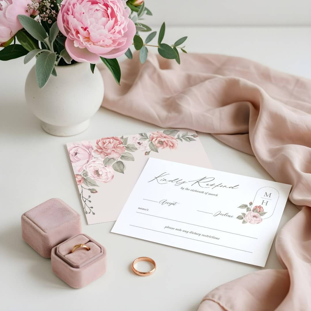 Elegant Watercolor Pink Peony Floral Monogram RSVP Card