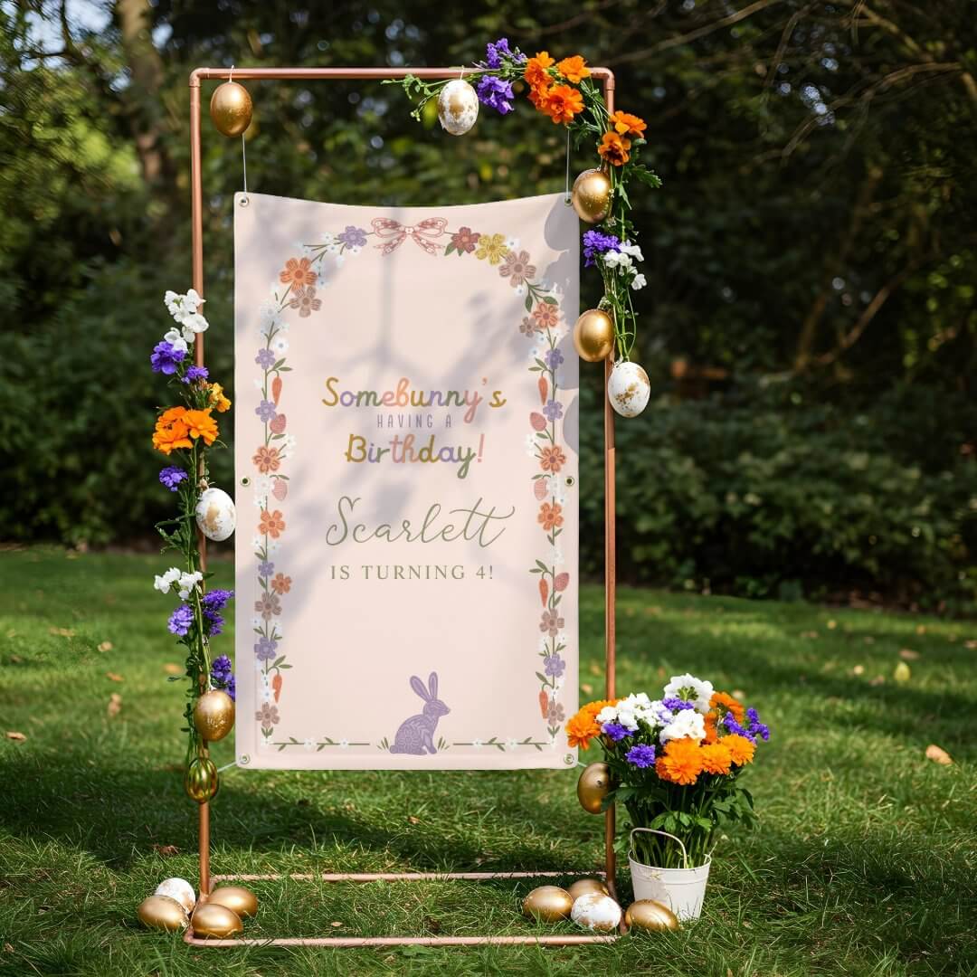 Floral Easter Bunny Somebunny’s Having a Birthday Pink Banner