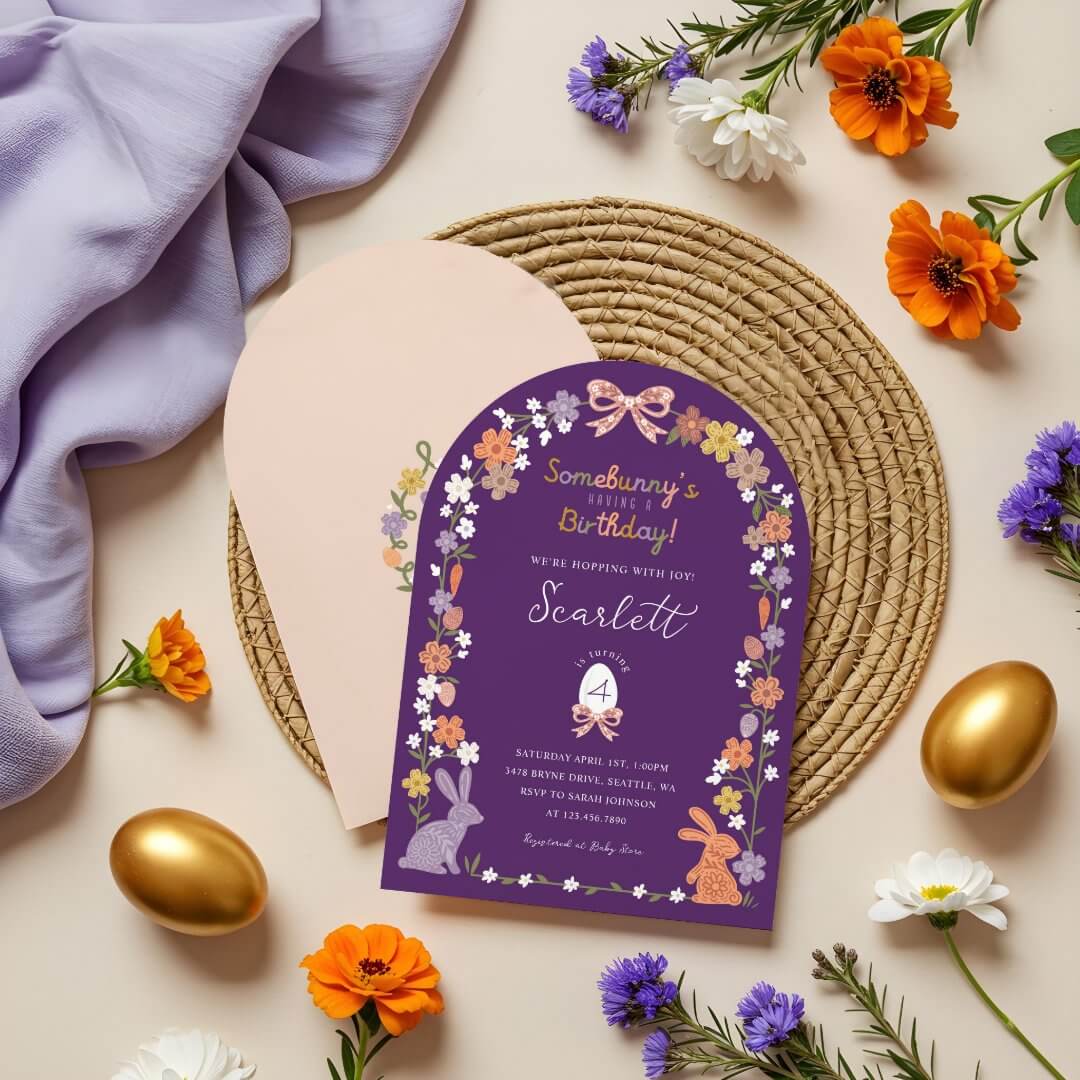 Floral Easter Bunny Somebunny’s Having a Birthday Purple Invitation