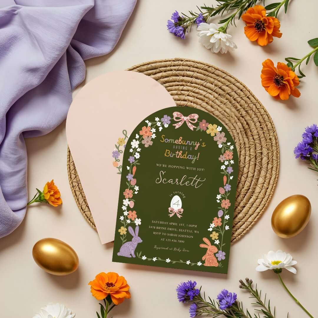 Floral Easter Bunny Somebunny’s Having a Birthday Green Invitation