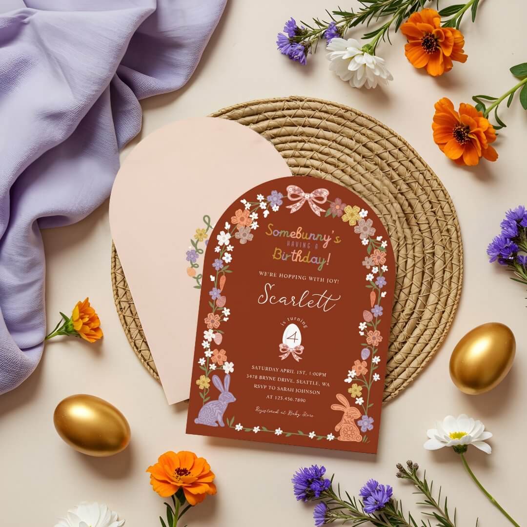 Floral Easter Bunny Somebunny’s Having a Birthday Red Invitation