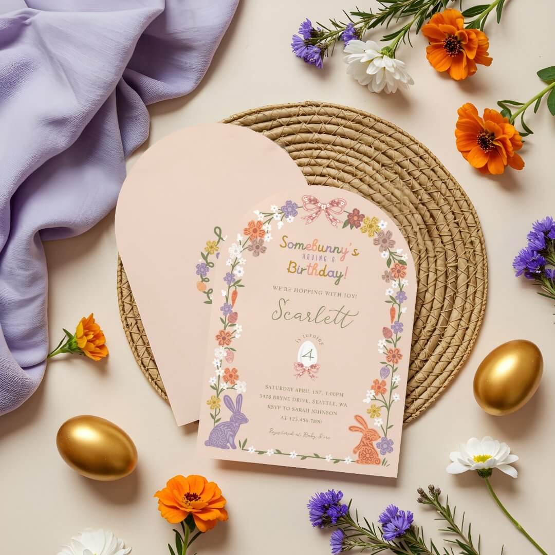 Floral Easter Bunny Somebunny’s Having a Birthday Pink Invitation