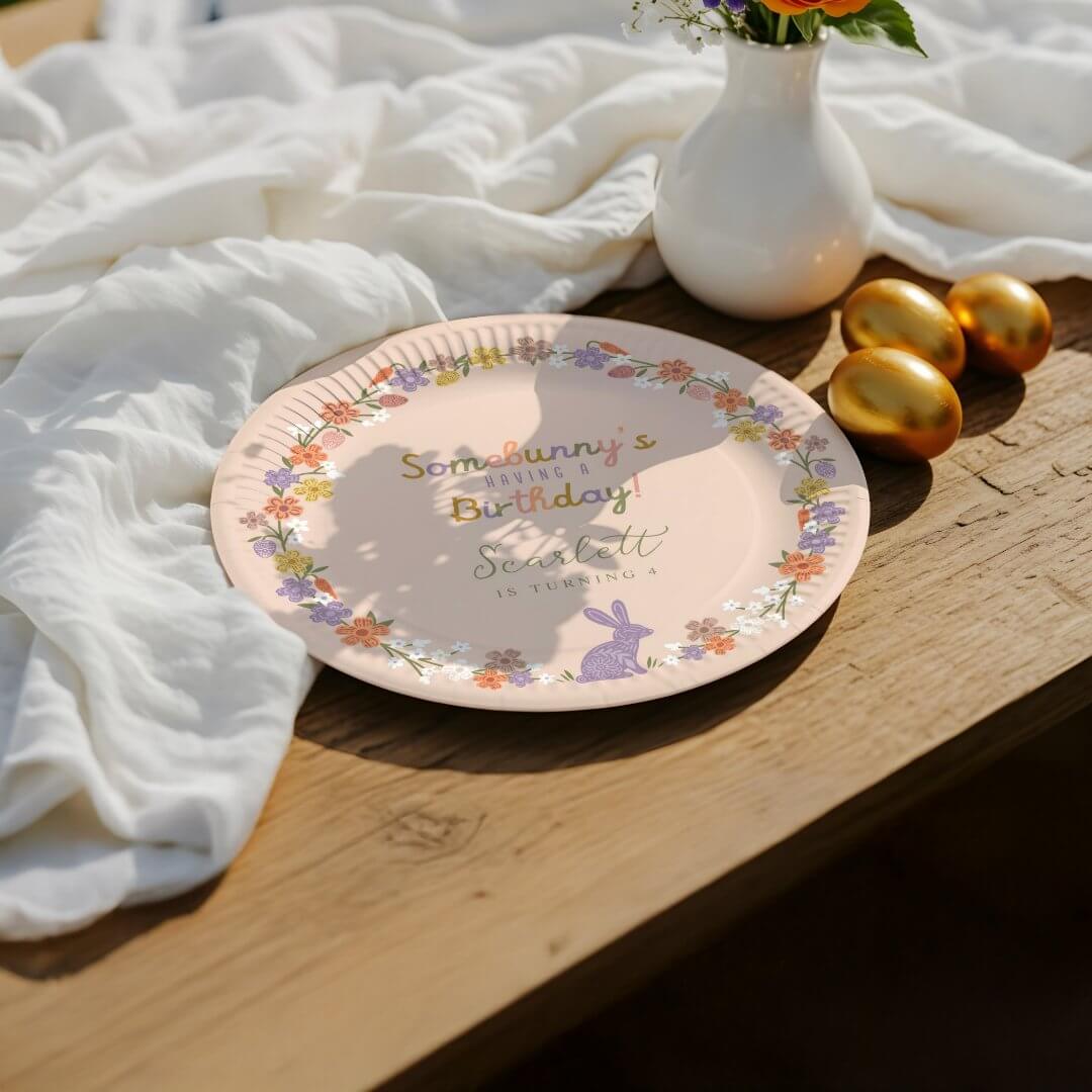 Floral Easter Bunny Somebunny’s Having a Birthday Pink Paper Plates
