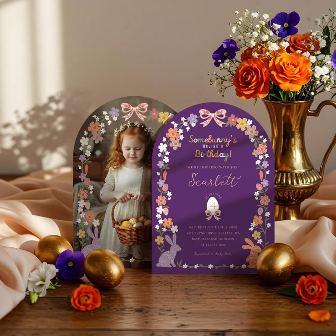 Floral Easter Somebunny’s Having a Birthday Photo Purple Arch Invitation
