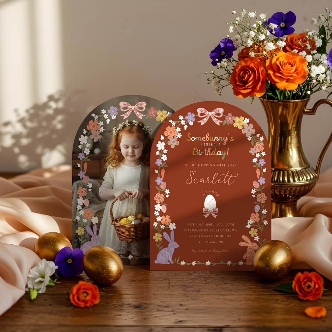 Floral Easter Somebunny’s Having a Birthday Photo Red Arch Invitation